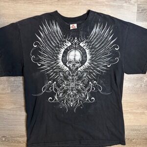 Affliction Style Y2K Skull Wings Grunge Graphic T Shirt Black Size L